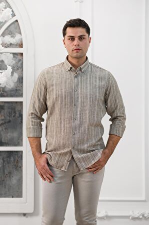 Advante Hasırlı Dokumalı Slimfit Çizgili Yaka Düğmeli Mevsimlik Kumaş Erkek Gömlek