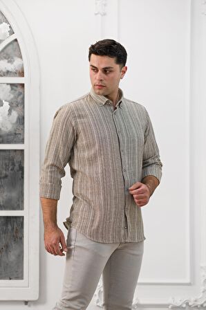 Advante Hasırlı Dokumalı Slimfit Çizgili Yaka Düğmeli Mevsimlik Kumaş Erkek Gömlek