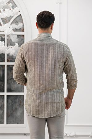 Advante Hasırlı Dokumalı Slimfit Çizgili Yaka Düğmeli Mevsimlik Kumaş Erkek Gömlek