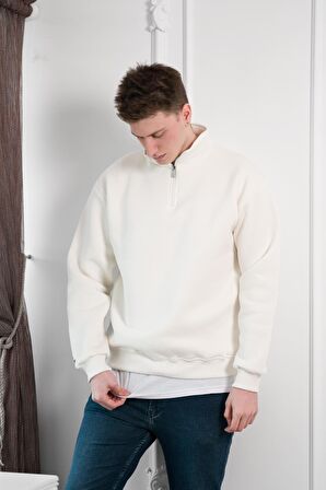 Yarım Fermuarlı Dik Yaka 3 İplik İçi Polarlı Oversize Kışlık Sweatshirt