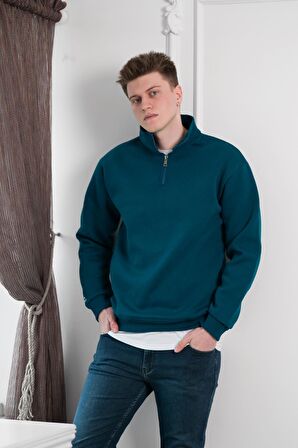 Yarım Fermuarlı Dik Yaka 3 İplik İçi Polarlı Oversize Kışlık Sweatshirt