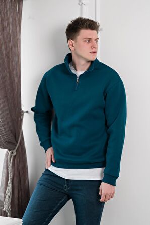 Yarım Fermuarlı Dik Yaka 3 İplik İçi Polarlı Oversize Kışlık Sweatshirt