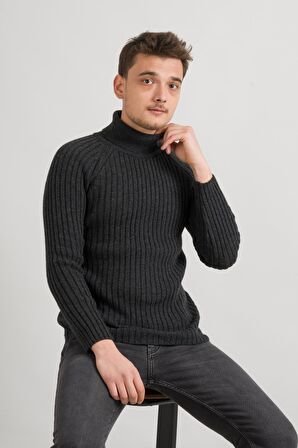 Slimfit Kendinden Çizgili Tam Balıkçı Pamuklu Kalın Triko Erkek Kazak