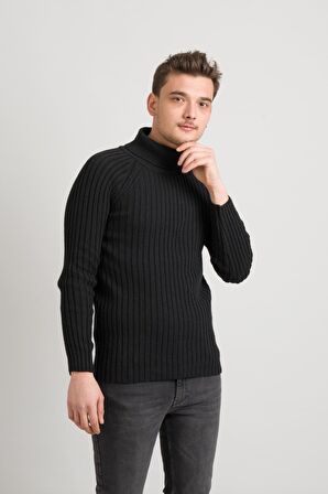 Slimfit Kendinden Çizgili Tam Balıkçı Pamuklu Kalın Triko Erkek Kazak