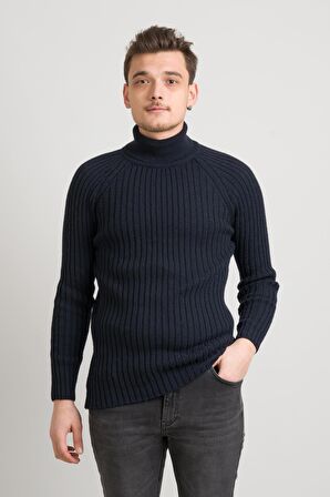 Slimfit Kendinden Çizgili Tam Balıkçı Pamuklu Kalın Triko Erkek Kazak