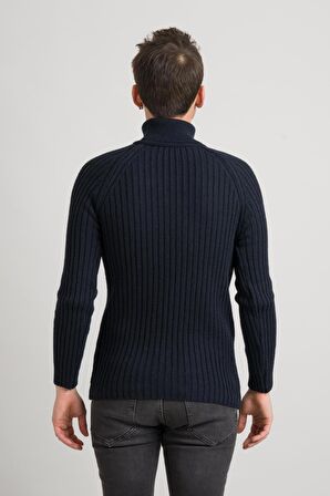 Slimfit Kendinden Çizgili Tam Balıkçı Pamuklu Kalın Triko Erkek Kazak