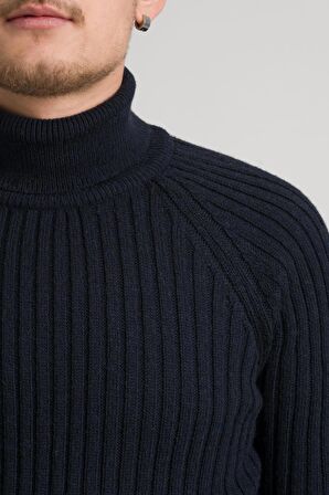 Slimfit Kendinden Çizgili Tam Balıkçı Pamuklu Kalın Triko Erkek Kazak