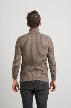 Slimfit Kendinden Çizgili Tam Balıkçı Pamuklu Kalın Triko Erkek Kazak