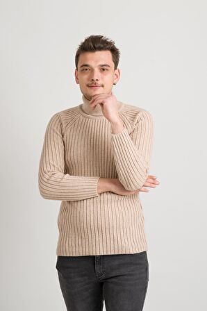 Slimfit Kendinden Çizgili Tam Balıkçı Pamuklu Kalın Triko Erkek Kazak