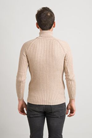 Slimfit Kendinden Çizgili Tam Balıkçı Pamuklu Kalın Triko Erkek Kazak