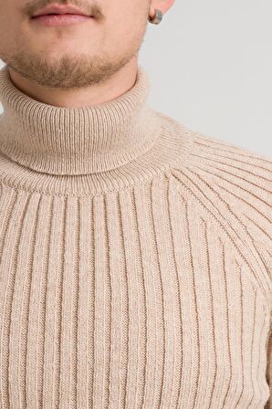 Slimfit Kendinden Çizgili Tam Balıkçı Pamuklu Kalın Triko Erkek Kazak