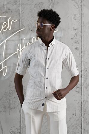 Advante İnce Çizgili Yaka Düğmeli Katlamalı Kol Pamuklu Slimfit Yazlık Keten Gömlek