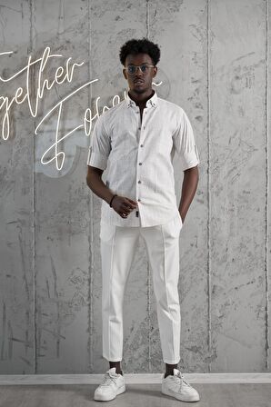 Advante İnce Çizgili Yaka Düğmeli Katlamalı Kol Pamuklu Slimfit Yazlık Keten Gömlek