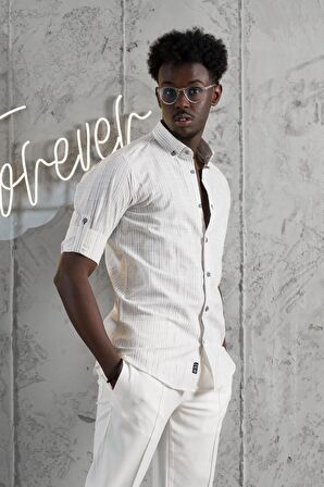 Advante İnce Çizgili Yaka Düğmeli Katlamalı Kol Pamuklu Slimfit Yazlık Keten Gömlek