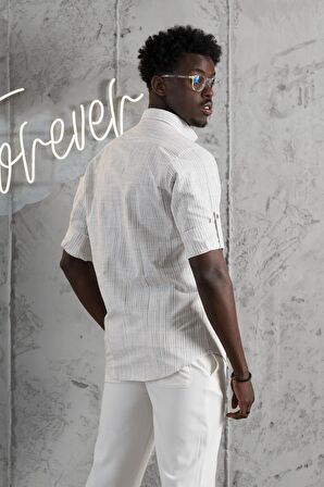 Advante İnce Çizgili Yaka Düğmeli Katlamalı Kol Pamuklu Slimfit Yazlık Keten Gömlek