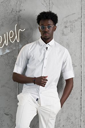 Advante Kalın Çizgili Katlamalı Kol Yaka Düğmeli Slimfit Pamuklu Yazlık Gömlek