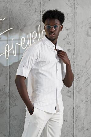 Advante Kalın Çizgili Katlamalı Kol Yaka Düğmeli Slimfit Pamuklu Yazlık Gömlek