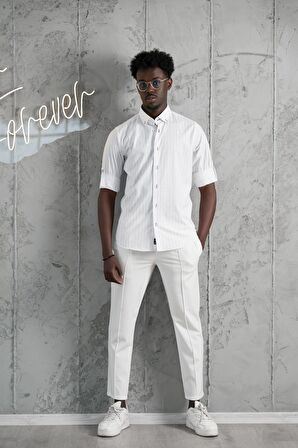 Advante Kalın Çizgili Katlamalı Kol Yaka Düğmeli Slimfit Pamuklu Yazlık Gömlek