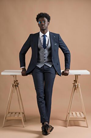 Carutte Slimfit Sivri Yaka Çift Pileli Dokulu Kumaş Yelek Kombinli Takım Elbise