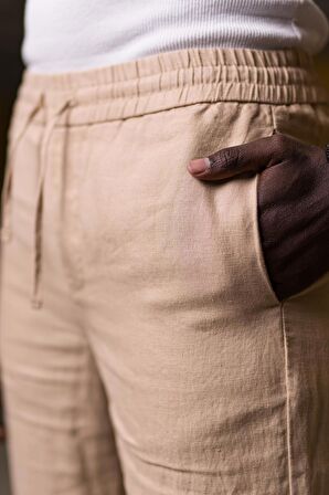 Beli Lastikli Ve İplikli %100 Linen Kumaş Orjinal Keten Bol Paça İnce Yazlık Baggy Pantolon