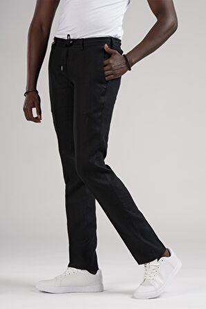 Ecer Slimfit Beli Lastikli ve İplikli %100 Linen Ham Keten Jogger Pantolon