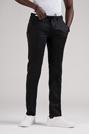 Ecer Slimfit Beli Lastikli ve İplikli %100 Linen Ham Keten Jogger Pantolon