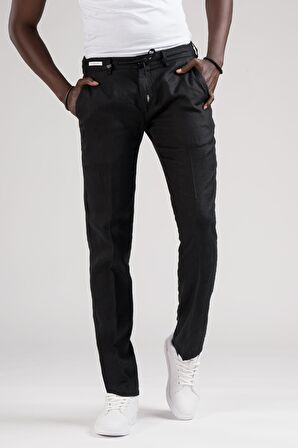 Ecer Slimfit Beli Lastikli ve İplikli %100 Linen Ham Keten Jogger Pantolon