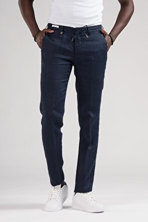 Ecer Slimfit Beli Lastikli ve İplikli %100 Linen Ham Keten Jogger Pantolon