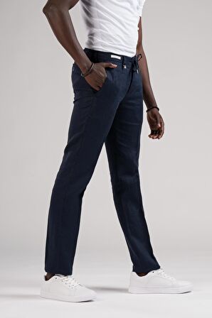 Ecer Slimfit Beli Lastikli ve İplikli %100 Linen Ham Keten Jogger Pantolon