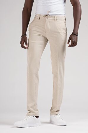 Ecer Slimfit Beli Yarım Lastikli Ve İplikli İnce Çizgili Yazlık Jogger Pantolon