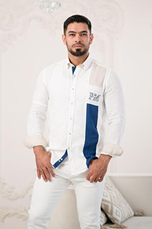 Paul Martin Armalı Yaka Garnili Parça Desenli Regular Fit Ham Keten Gömlek