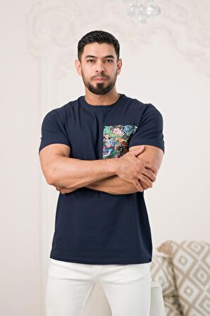 Bisiklet Yaka Önü Baskılı Pamuklu Likralı Basic Regular Fit T-shirt