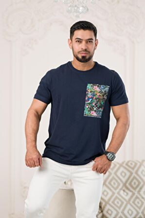Bisiklet Yaka Önü Baskılı Pamuklu Likralı Basic Regular Fit T-shirt