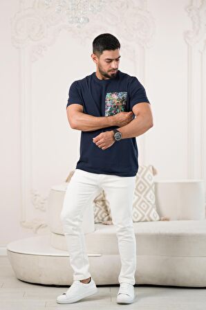 Bisiklet Yaka Önü Baskılı Pamuklu Likralı Basic Regular Fit T-shirt
