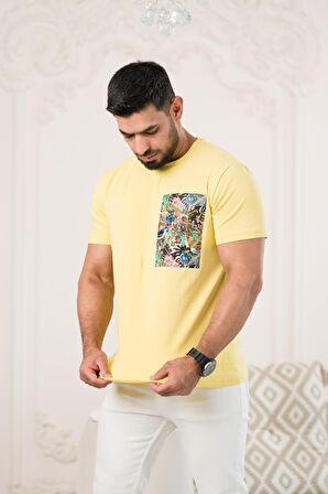Bisiklet Yaka Önü Baskılı Pamuklu Likralı Basic Regular Fit T-shirt