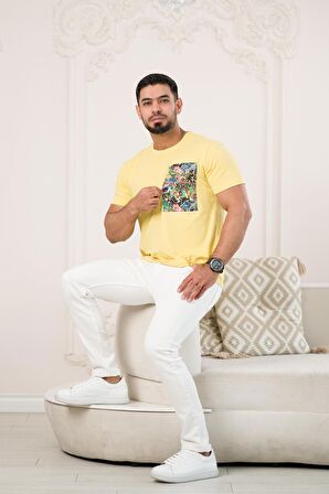 Bisiklet Yaka Önü Baskılı Pamuklu Likralı Basic Regular Fit T-shirt