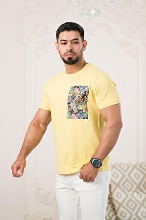 Bisiklet Yaka Önü Baskılı Pamuklu Likralı Basic Regular Fit T-shirt