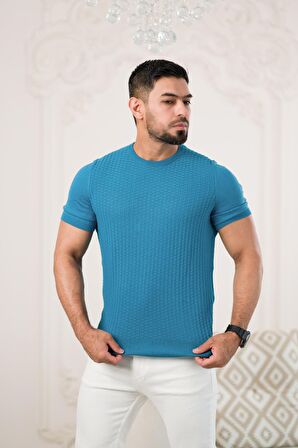 Bisiklet Yaka Desenli Modal Kumaş Likralı Regular Fit Triko T-shirt