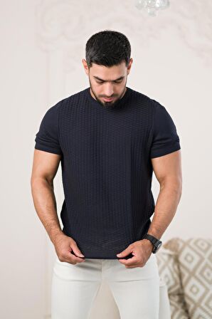 Bisiklet Yaka Desenli Modal Kumaş Likralı Regular Fit Triko T-shirt