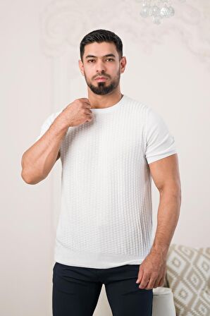 Bisiklet Yaka Desenli Modal Kumaş Likralı Regular Fit Triko T-shirt