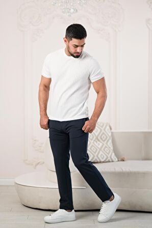 Bisiklet Yaka Desenli Modal Kumaş Likralı Regular Fit Triko T-shirt