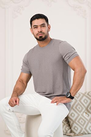 Bisiklet Yaka Desenli Modal Kumaş Likralı Regular Fit Triko T-shirt