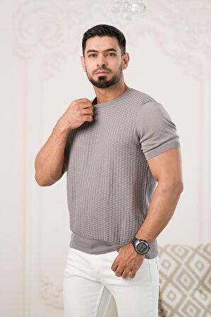 Bisiklet Yaka Desenli Modal Kumaş Likralı Regular Fit Triko T-shirt