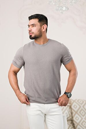 Bisiklet Yaka Desenli Modal Kumaş Likralı Regular Fit Triko T-shirt