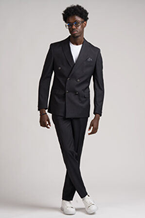 Adimo Slimfit Sivri Yaka Çift Yırtmaçlı İnce Çizgili Kruvaze Takım Elbise 