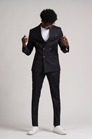 Adimo Slimfit Sivri Yaka Çift Yırtmaçlı İnce Çizgili Kruvaze Takım Elbise 