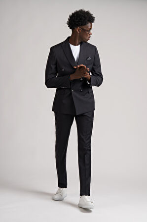 Adimo Slimfit Sivri Yaka Çift Yırtmaçlı İnce Çizgili Kruvaze Takım Elbise 