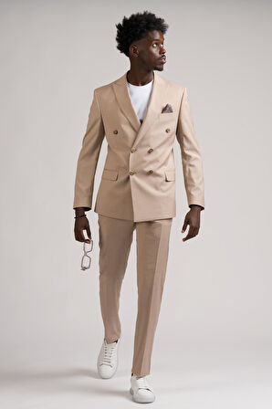 Adimo Slimfit Sivri Yaka Çift Yırtmaçlı İnce Çizgili Kruvaze Takım Elbise 