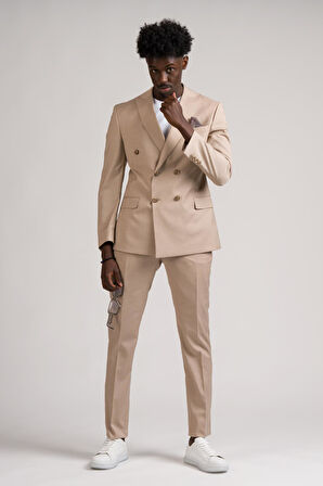 Adimo Slimfit Sivri Yaka Çift Yırtmaçlı İnce Çizgili Kruvaze Takım Elbise 