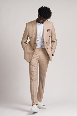 Adimo Slimfit Sivri Yaka Çift Yırtmaçlı İnce Çizgili Kruvaze Takım Elbise 